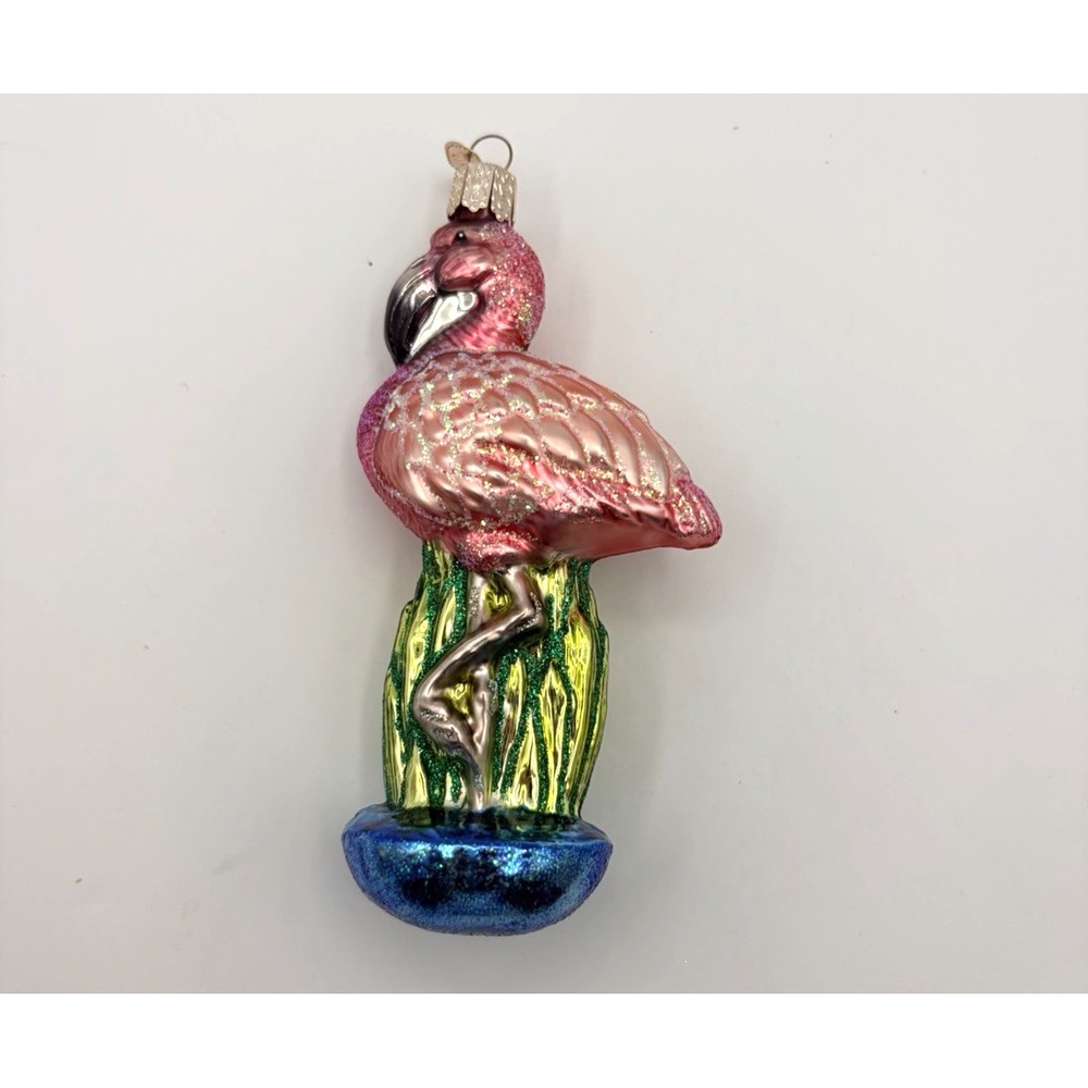 Old World Christmas Pink Flamingo Glass Ornament Heart Charm Tropical Bird OWC
